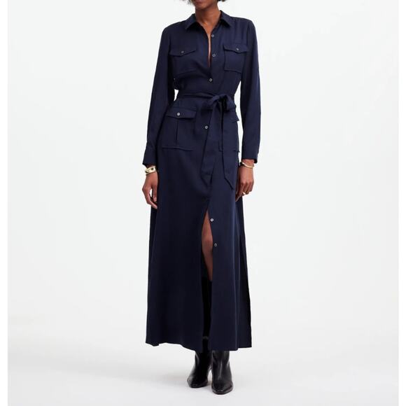 Madewell Utility Tie Waist Maxi Shirt Dress Navy Blue Button Down Pockets Large - Picture 1 of 10